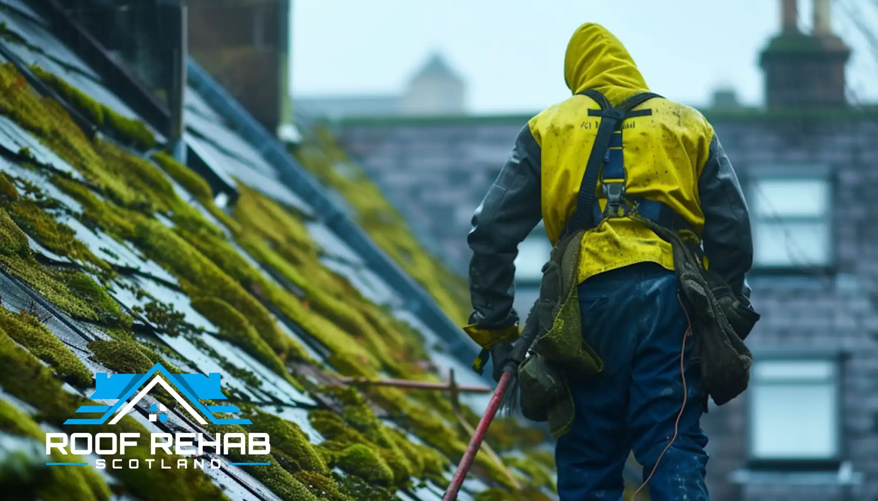 Roof being cleaned in rain